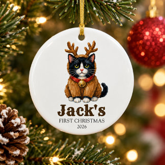 personalized first christmas reindeer tuxedo cat ceramic ornament