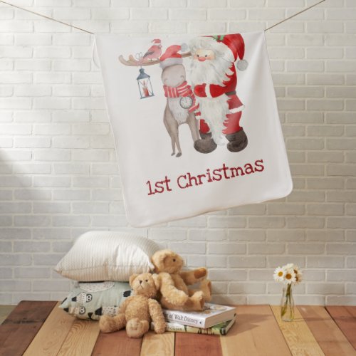 Personalized First Christmas Santa Reindeer Moose Baby Blanket