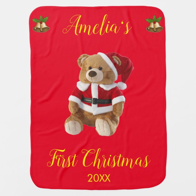 Personalized First Christmas Teddy Bear Baby Blanket (Front)
