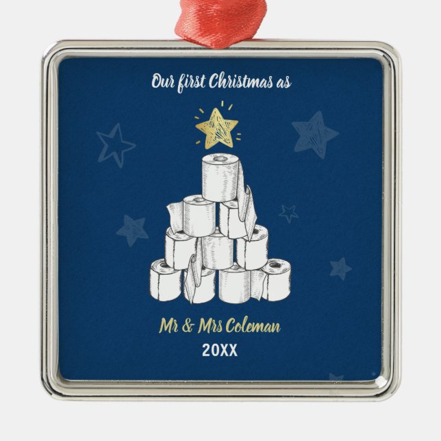 Personalized First Christmas Toilet Paper Tree Metal Ornament (Front)