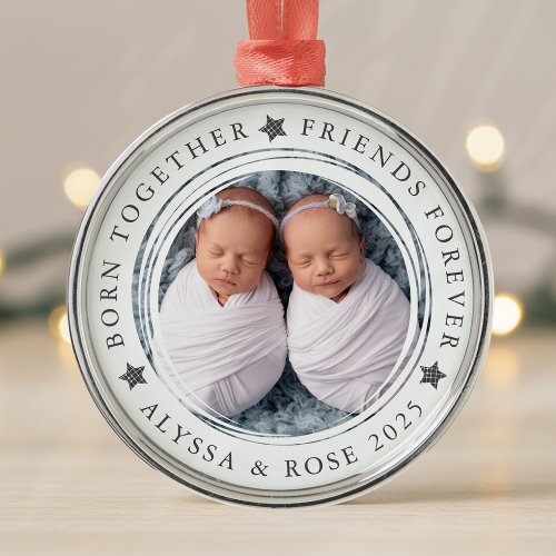 Personalized First Christmas Twins Photo Metal Ornament