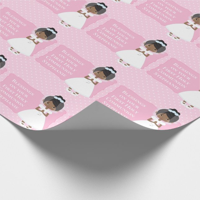 Personalized First Communion African American Girl Wrapping Paper (Corner)