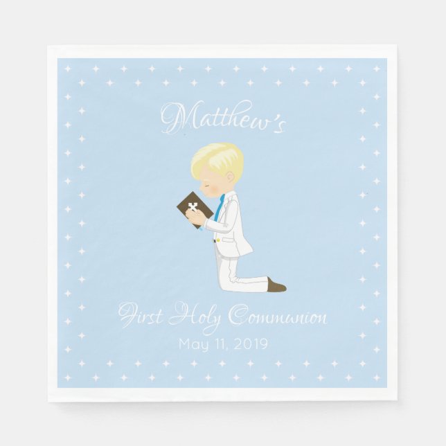 Personalized First Communion Blonde Boy Napkins (Front)