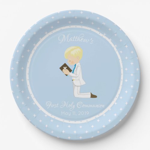 Personalized First Communion Blonde Boy Paper Plates