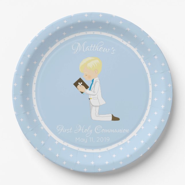 Personalized First Communion Blonde Boy Paper Plates (Front)