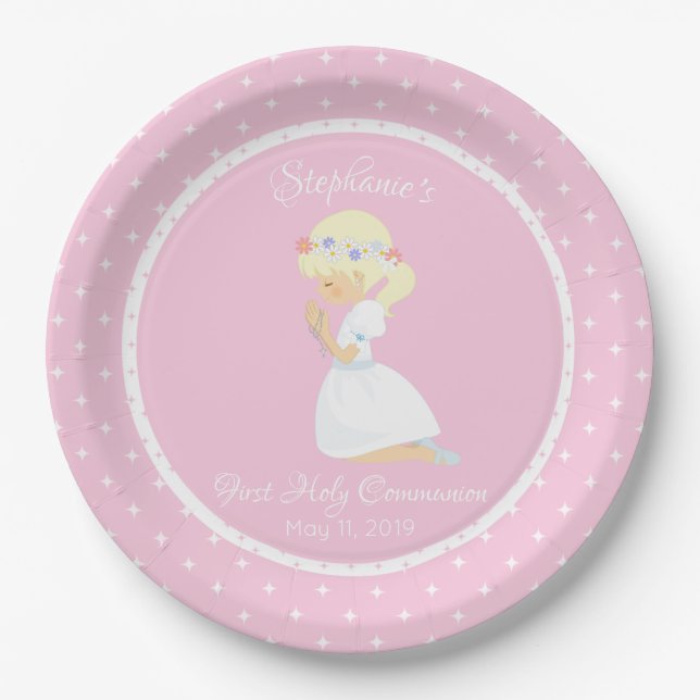 Personalized First Communion Blonde Girl Paper Plates (Front)