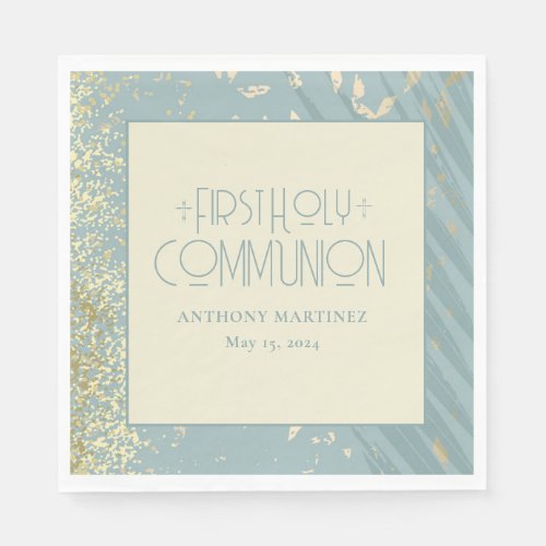 Personalized First Communion Blue Gold Glitter Napkins