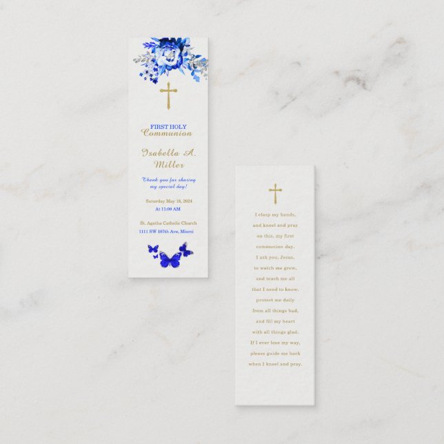 Personalized  First Communion Blue Prayer Card (Front/Back)