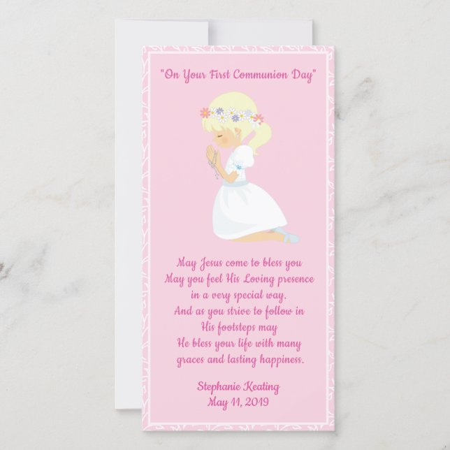 Personalized First Communion Bookmark girl. Thank You Card (Front)