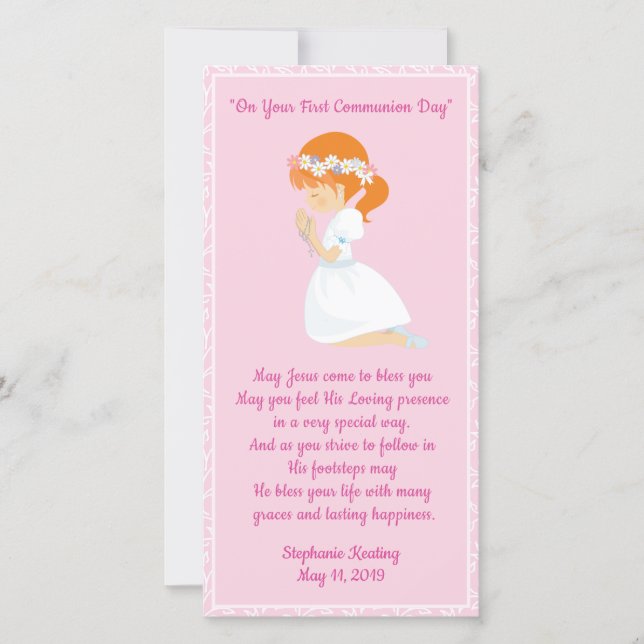 Personalized First Communion Bookmark girl. Thank You Card (Front)