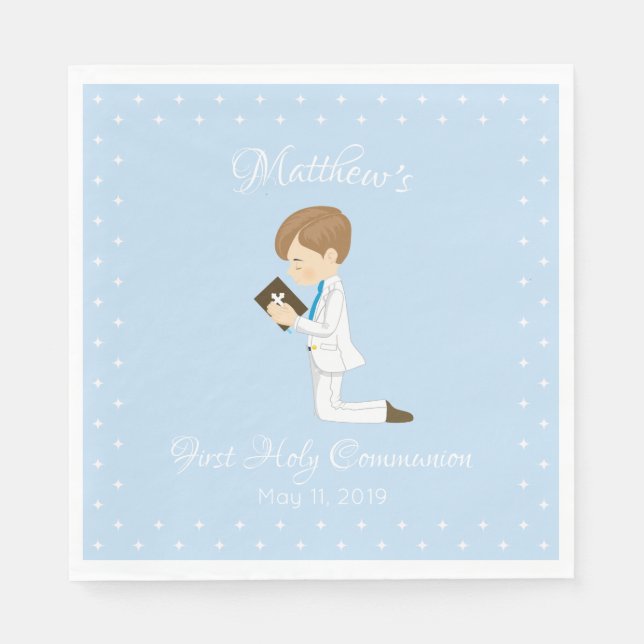 Personalized First Communion Brunette Boy Napkins (Front)