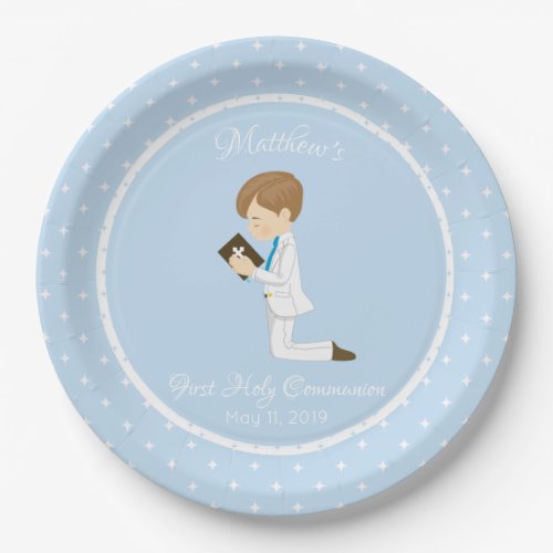 Personalized First Communion Brunette Boy Paper Plates
