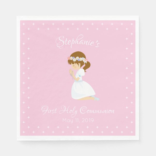 Personalized First Communion Brunette Girl Napkins (Front)