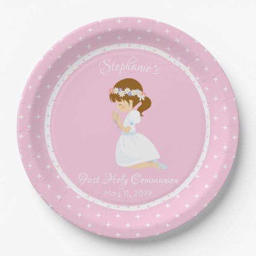 Personalized First Communion Brunette Girl Paper Plates
