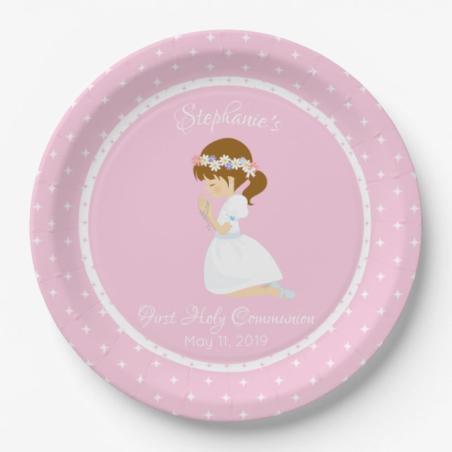 Personalized First Communion Brunette Girl Paper Plates (Front)