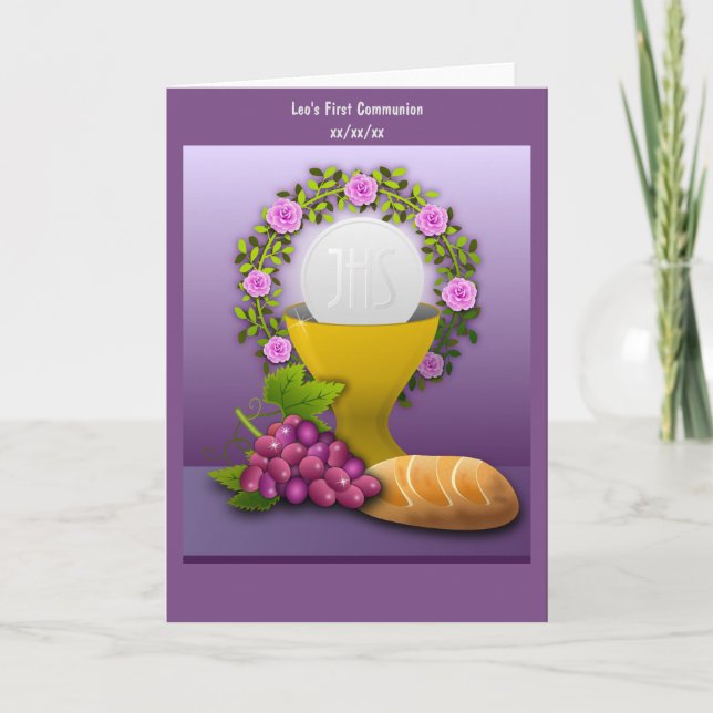 Personalized First Communion Holy Eucharist Photo Holiday Card (Front)
