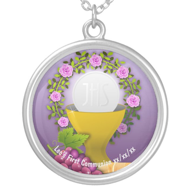Personalized First Communion Holy Eucharist Photo Silver Plated Necklace (Front)