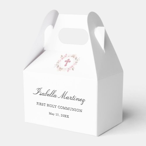 Personalized First Communion Pink Floral Cross Favor Boxes
