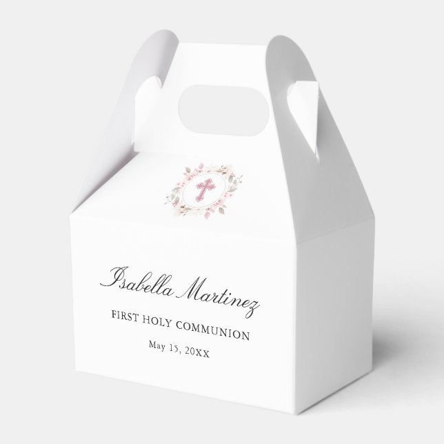 Personalized First Communion Pink Floral Cross Favor Boxes (Front Side)