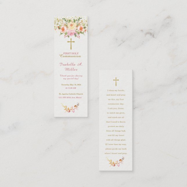 Personalized  First Communion Pink Prayer Card (Front/Back)