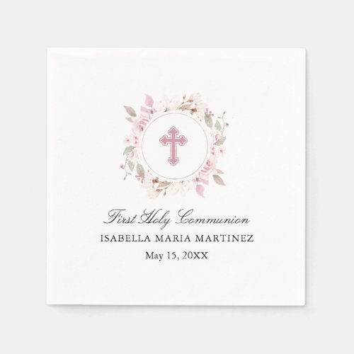 Personalized First Communion Pink Rose Floral Napkins