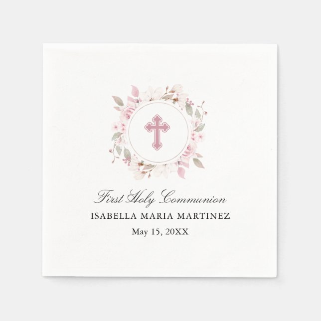 Personalized First Communion Pink Rose Floral Napkins (Front)
