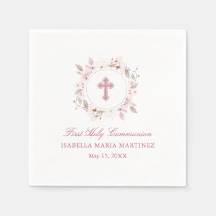 Personalized First Communion Pink Rose Floral Napkins
