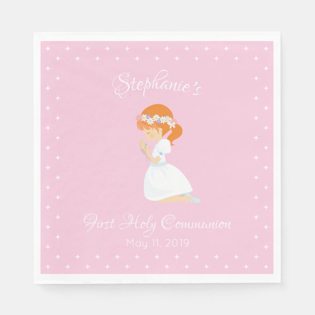 Personalized First Communion Red Hair Girl Napkins (Front)
