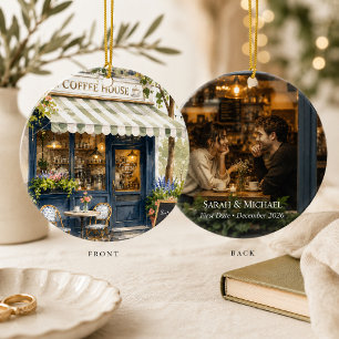 Personalized First Date Photo Coffee Shop Ceramic Ornament