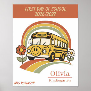 Personalized First Day of School Retro School Bus Poster
