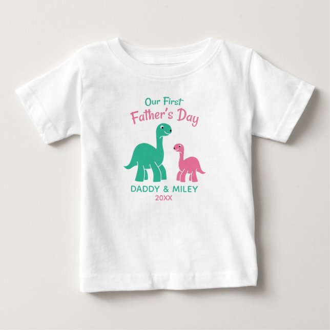Personalized First Father's Day Cute Dinosaur  Baby T-Shirt (Front)