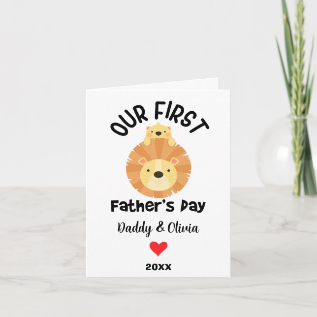 Personalized First Fathers Day, Daddy & lion cub Holiday Card (Front)