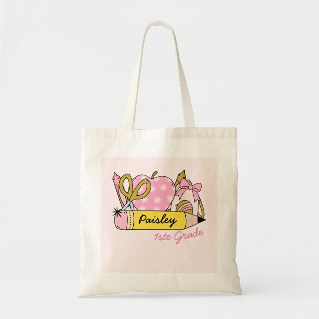 Personalized First Grade School Supplies Design Tote Bag (Front)