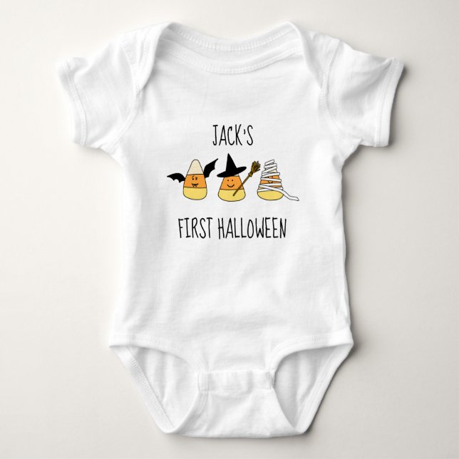 Personalized First Halloween Candy Corn Baby Bodysuit (Front)