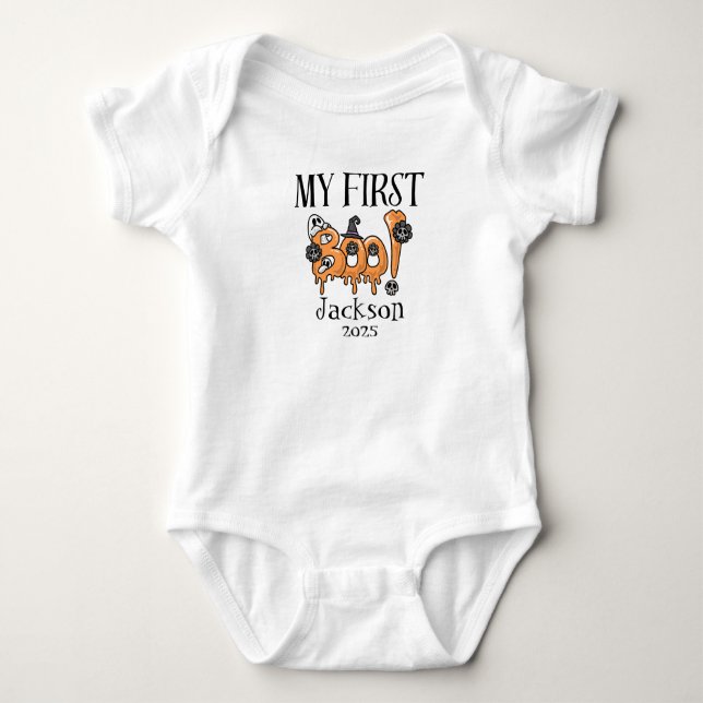 Personalized first halloween outfit , my first boo baby bodysuit (Front)