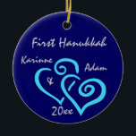 Personalized First Hanukkah Ornament<br><div class="desc">Entwined blue hearts on a deep blue background with personalized names & date.  Change Background color by selecting customize,  edit and background.</div>