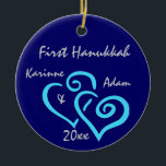 Personalized First Hanukkah Ornament<br><div class="desc">Entwined blue hearts on a deep blue background with personalized names & date.  Change Background color by selecting customize,  edit and background.</div>