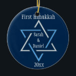 Personalized First Hanukkah Ornament<br><div class="desc">A blue and gold Star of David on a deep teal background with customizable names & date.  Background color,  font and color of text can be changed.</div>