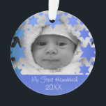 Personalized First Hanukkah Ornament<br><div class="desc">Happy Hanukkah! Star of David and Menorah Design Hanukkah Ornament with personalized year,  baby name,  birth date,  and photo. The perfect way to commemorate a new bundle of joy's first holiday! Makes a great gift!</div>