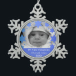 Personalized First Hanukkah Snowflake Pewter Christmas Ornament<br><div class="desc">Happy Hanukkah! Star of David and Menorah Design Hanukkah Ornament with personalized year,  baby name,  and photo. The perfect way to commemorate a new bundle of joy's first holiday! Makes a great gift!</div>