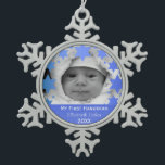 Personalized First Hanukkah Snowflake Pewter Christmas Ornament<br><div class="desc">Happy Hanukkah! Star of David and Menorah Design Hanukkah Ornament with personalized year,  baby name,  and photo. The perfect way to commemorate a new bundle of joy's first holiday! Makes a great gift!</div>