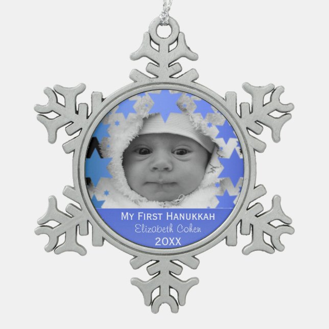 Personalized First Hanukkah Snowflake Pewter Christmas Ornament (Front)