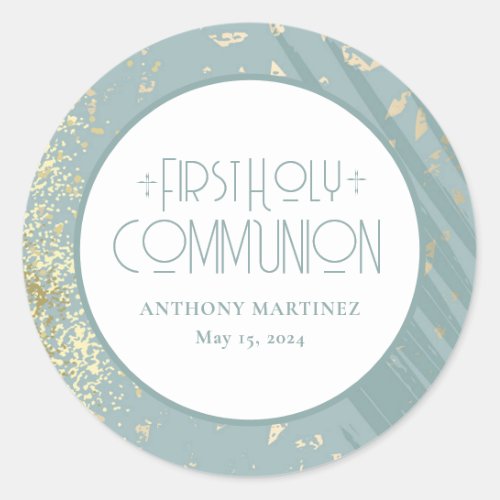 Personalized First Holy Communion Blue Gold Cross Classic Round Sticker