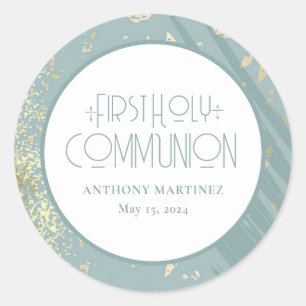 Personalized First Holy Communion Blue Gold Cross Classic Round Sticker