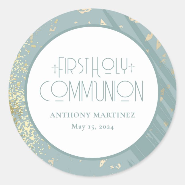 Personalized First Holy Communion Blue Gold Cross Classic Round Sticker (Front)