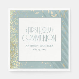 Personalized First Holy Communion Blue Gold Cross Napkins