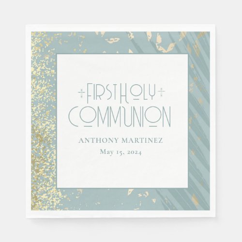 Personalized First Holy Communion Blue Gold Cross Napkins