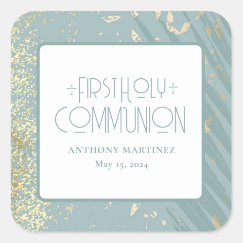 Personalized First Holy Communion Blue Gold Cross Square Sticker