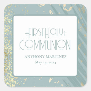 Personalized First Holy Communion Blue Gold Cross Square Sticker