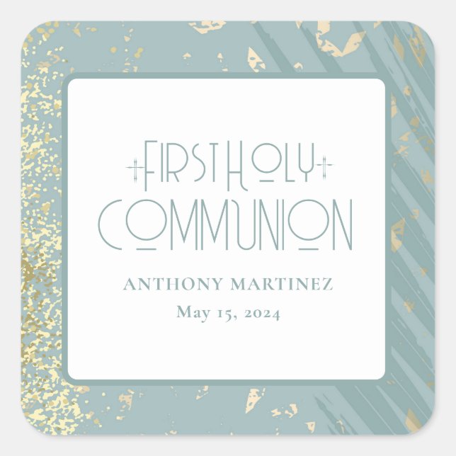 Personalized First Holy Communion Blue Gold Cross Square Sticker (Front)
